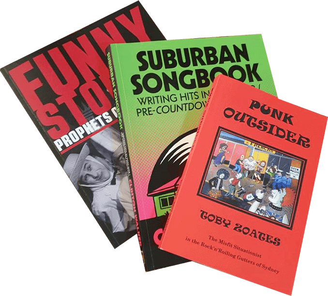 Book covers: Funny Stories, Suburban Songbook and Punk Outsider