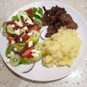 Souvlaki lamb, skordalia and a Greek salad