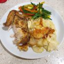 Roast Chicken, Potatoes au Gratin and Warm Vegetable Salad