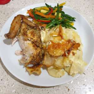 Roast Chicken, Potatoes au Gratin and a Warm Vegetable Salad