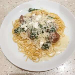 Spaghetti with Meatballs in a Creamy Spinach Sauce