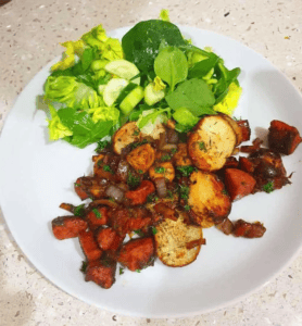 Fried Chorizo, Chicken, and Potato, with Salad