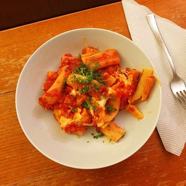 Baked Rigatoni with Chicken and Bacon in the bowl