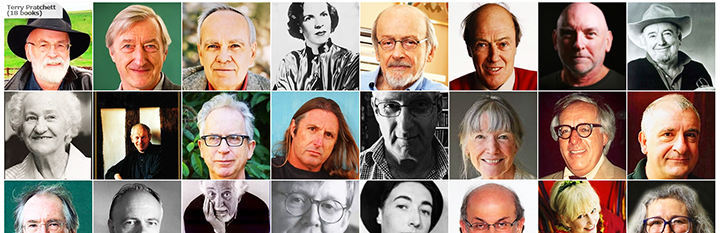 Headshots of 24 authors in my home library